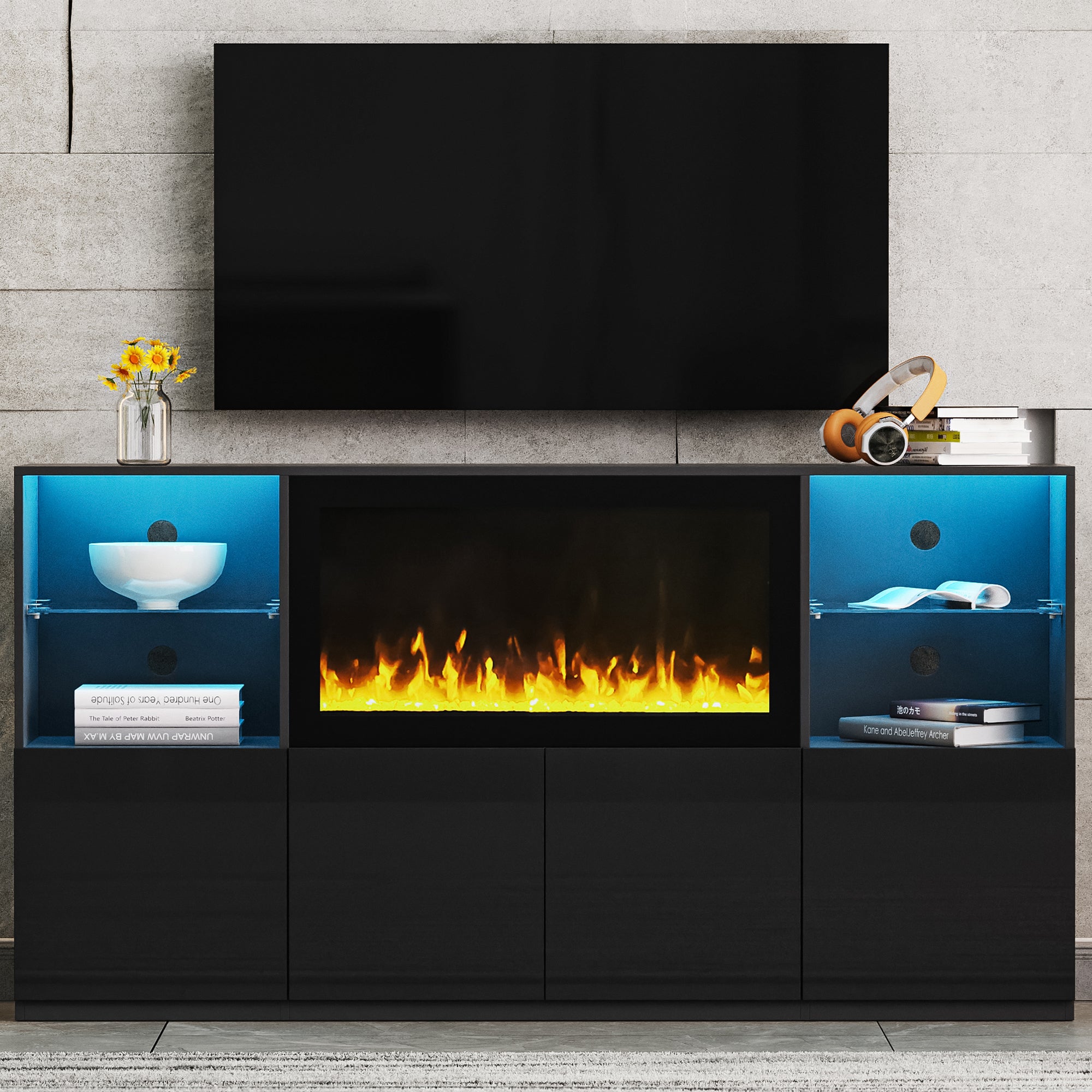 ON-TREND High Gloss TV Stand with 34.2' Non-heating Electric Fireplace, Modern Entertainment Center with LED Light, Media Console with Tempered Glass Shelves for TVs up to 75', Living Room, Black