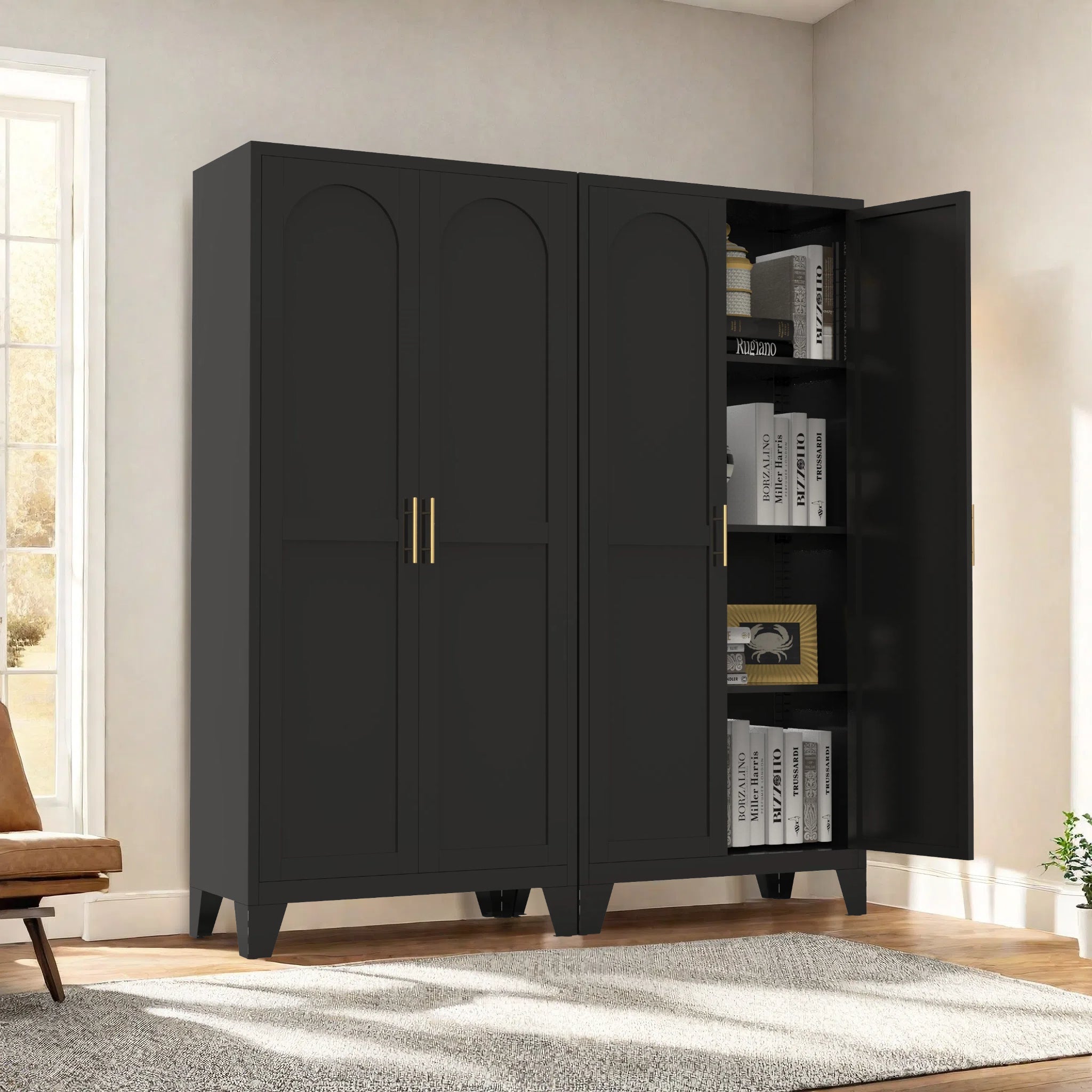 61'' 2 Shapely Doors Cabinet, Metal Storage Cabinet with Doors and Adjustable Shelves, for Bedroom, Living Room(Black)