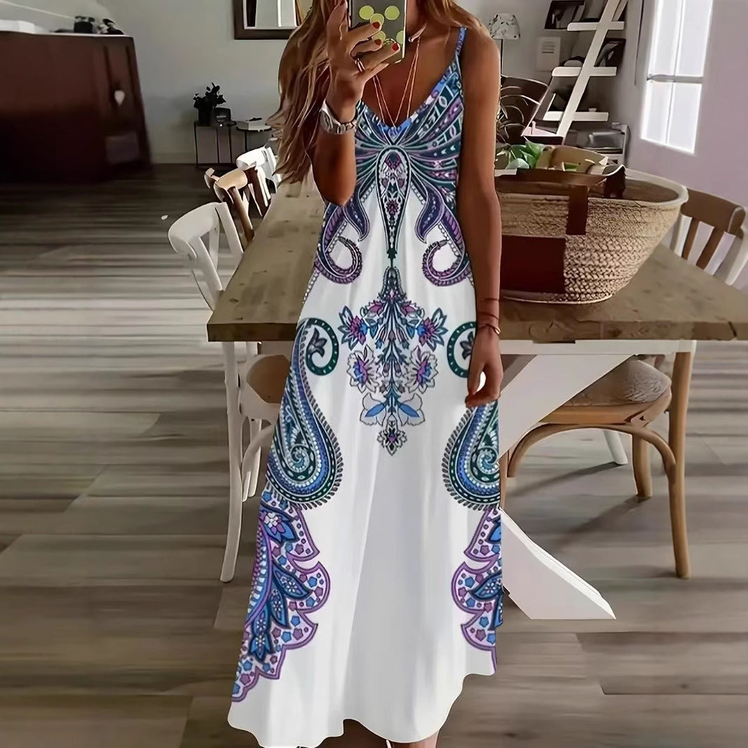 White Handkerchief Design V-neck Sleeveless Print Maxi Dress