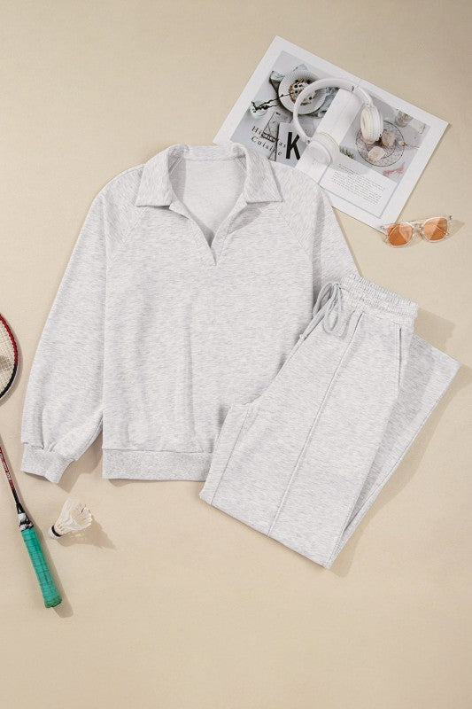 Solid V-Neck Pullover and Drawstring Sweatpants Se