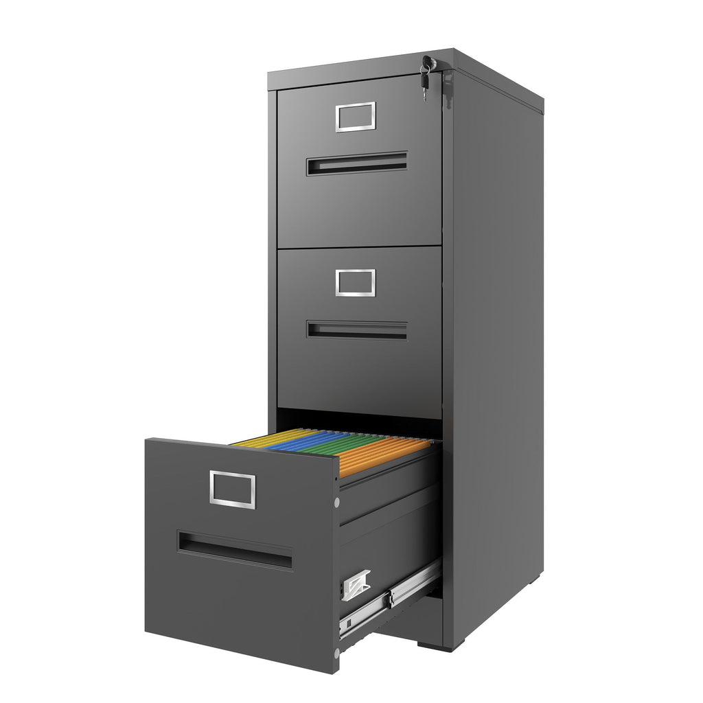 Premium Metal 3 Drawer File Cabinet with Lock for A4 Legal/Letter Size Storage, Black Steel, 15.16x17.72x40.39 inches