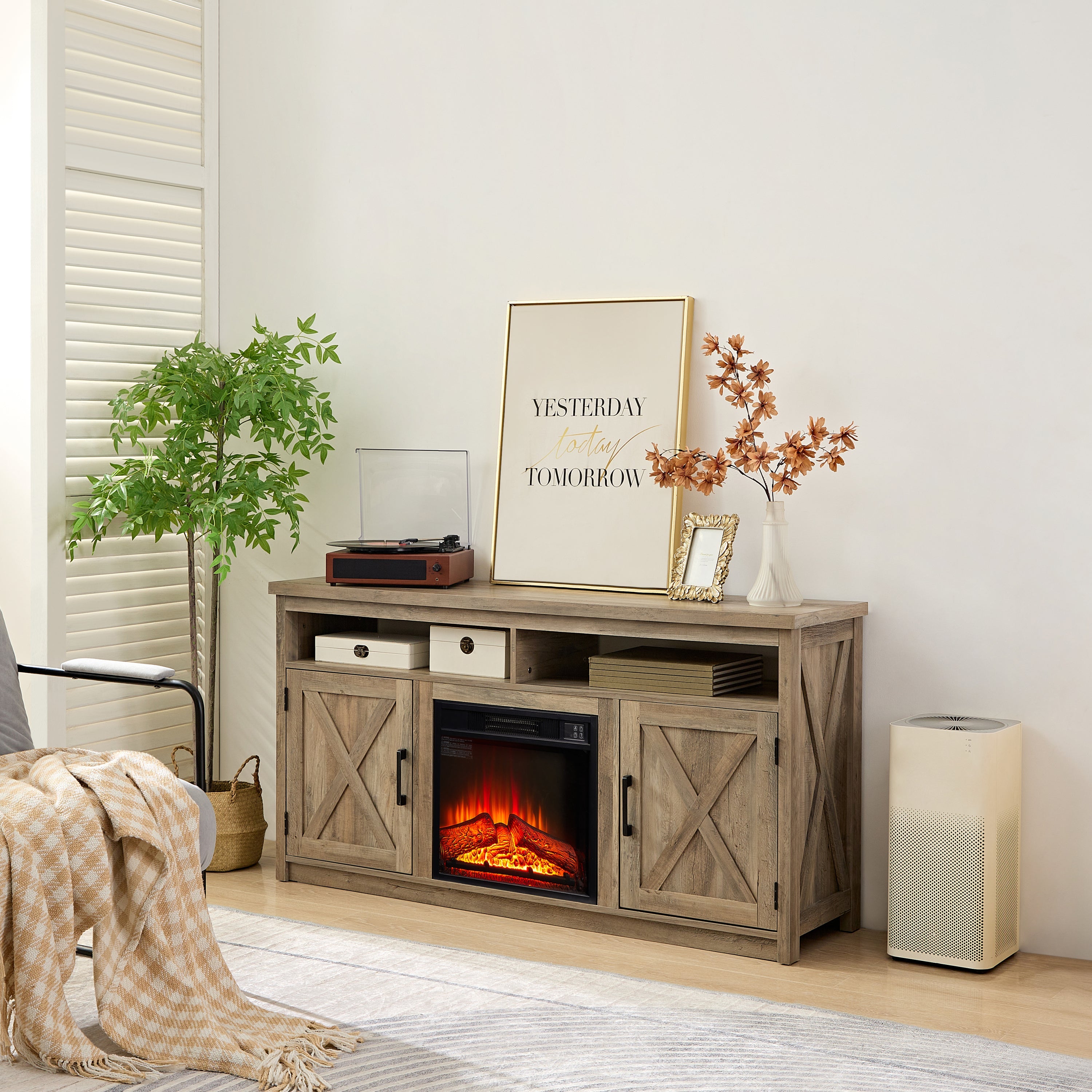 Farmhouse TV Media Stand, Large Barn Inspired Home Entertainment Console, with 18' Fireplace Insert, for TV Up to 65'', with Open Shelves and Closed Cabinets, Gray Wash 57.87*15.75*30.31