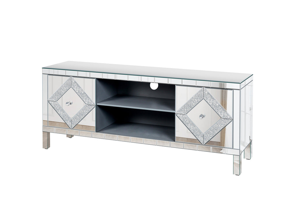 Mirrored TV Stand for 65+ inch TV,Sliver TV Console Table with Open Storage & 2 Storage Cabinets ,Diamond Shape Sparkling Mirror Doors for Living Room(59''W x 25.2''H x 15.7D)