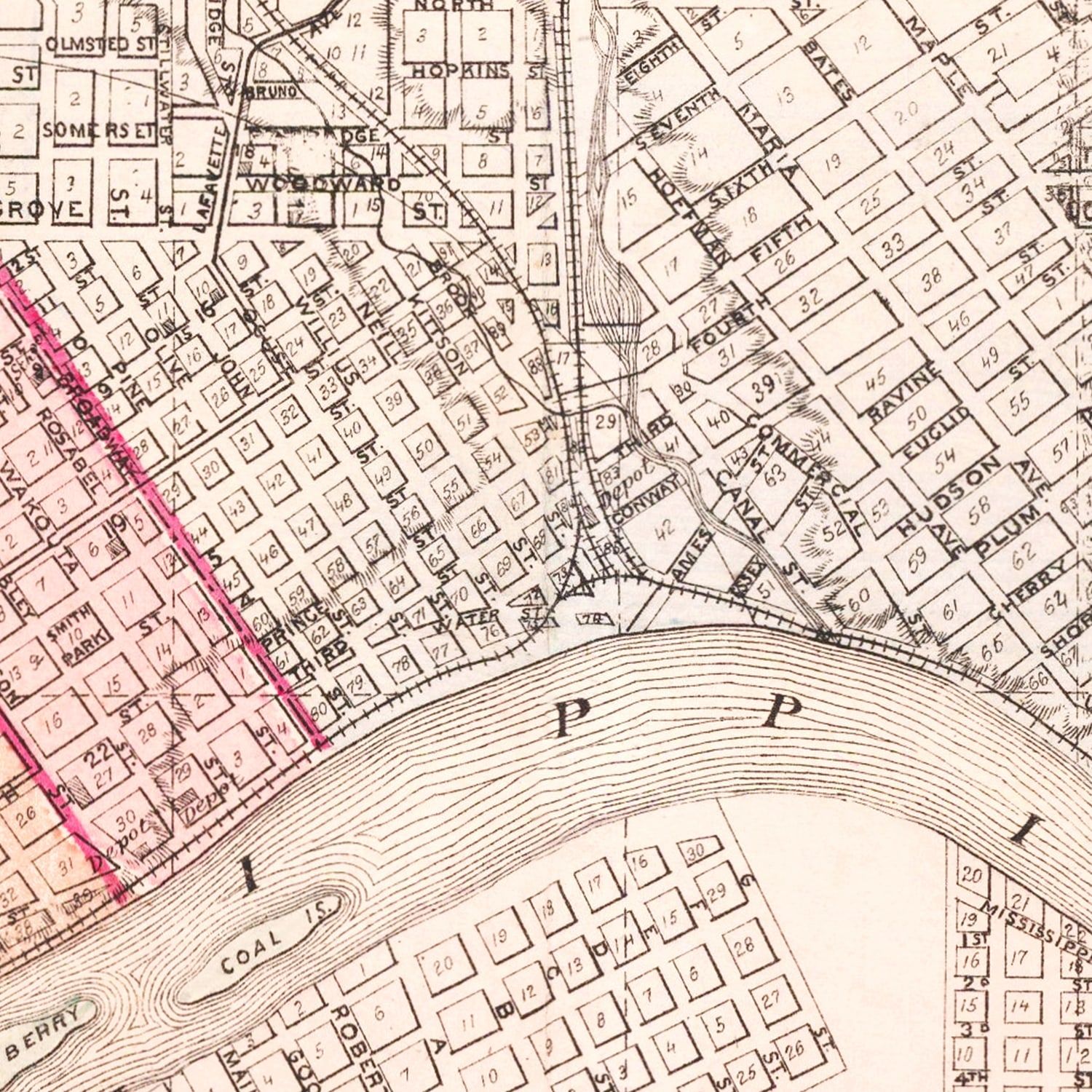 Vintage Map of St. Paul, Minnesota 1874