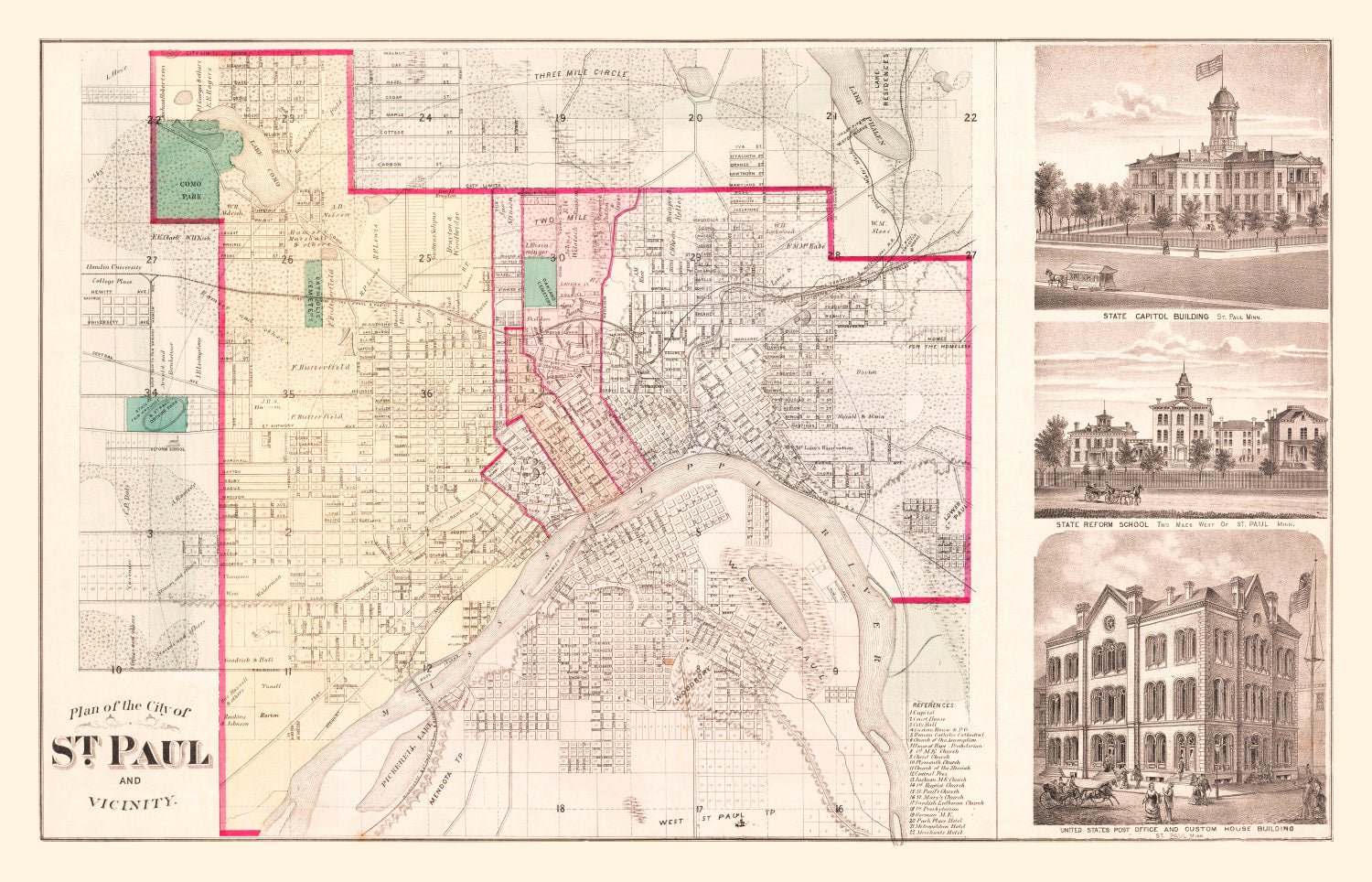 Vintage Map of St. Paul, Minnesota 1874