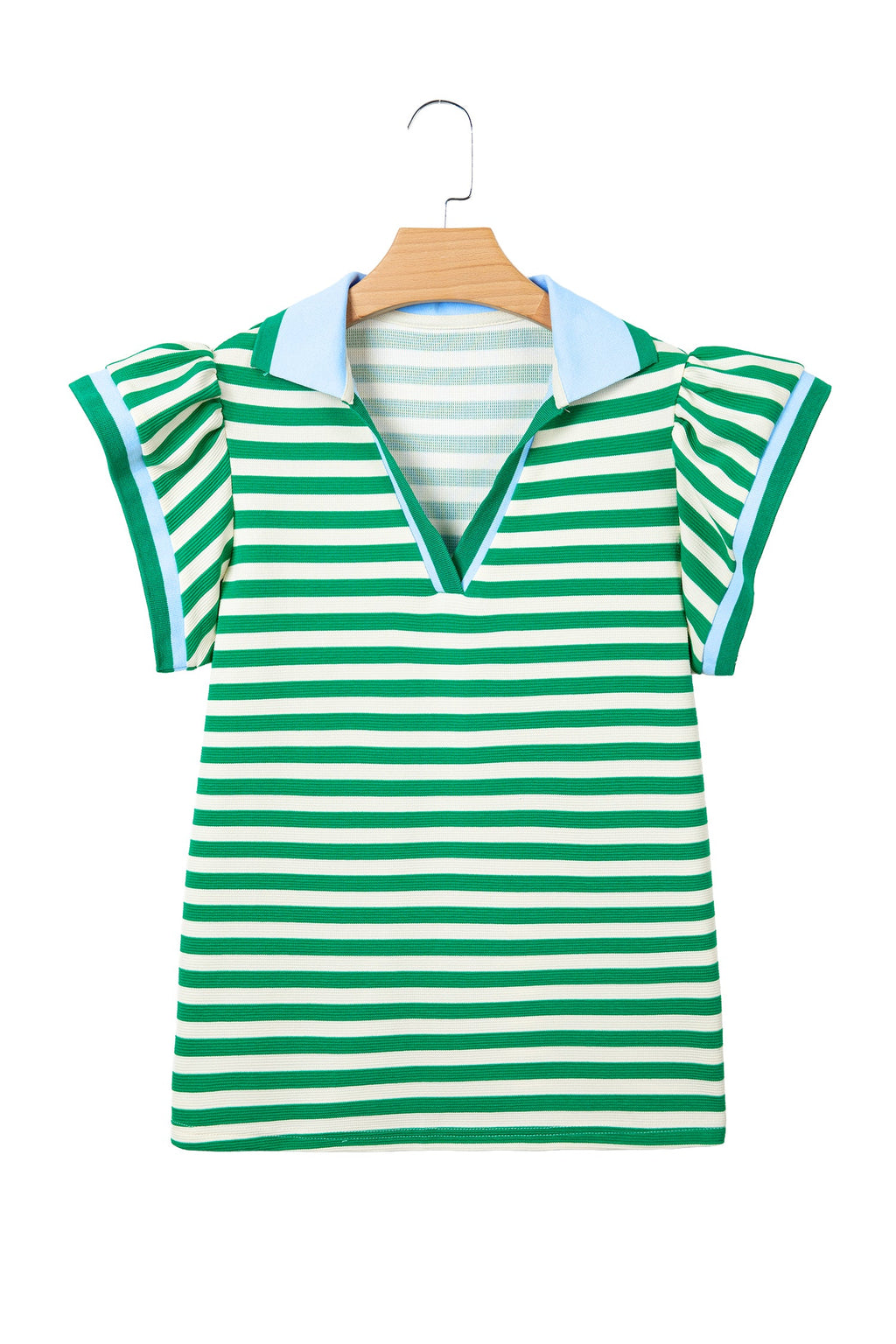 Stripe Contrast Trim Polo Collar Ruffle Sleeve Blouse