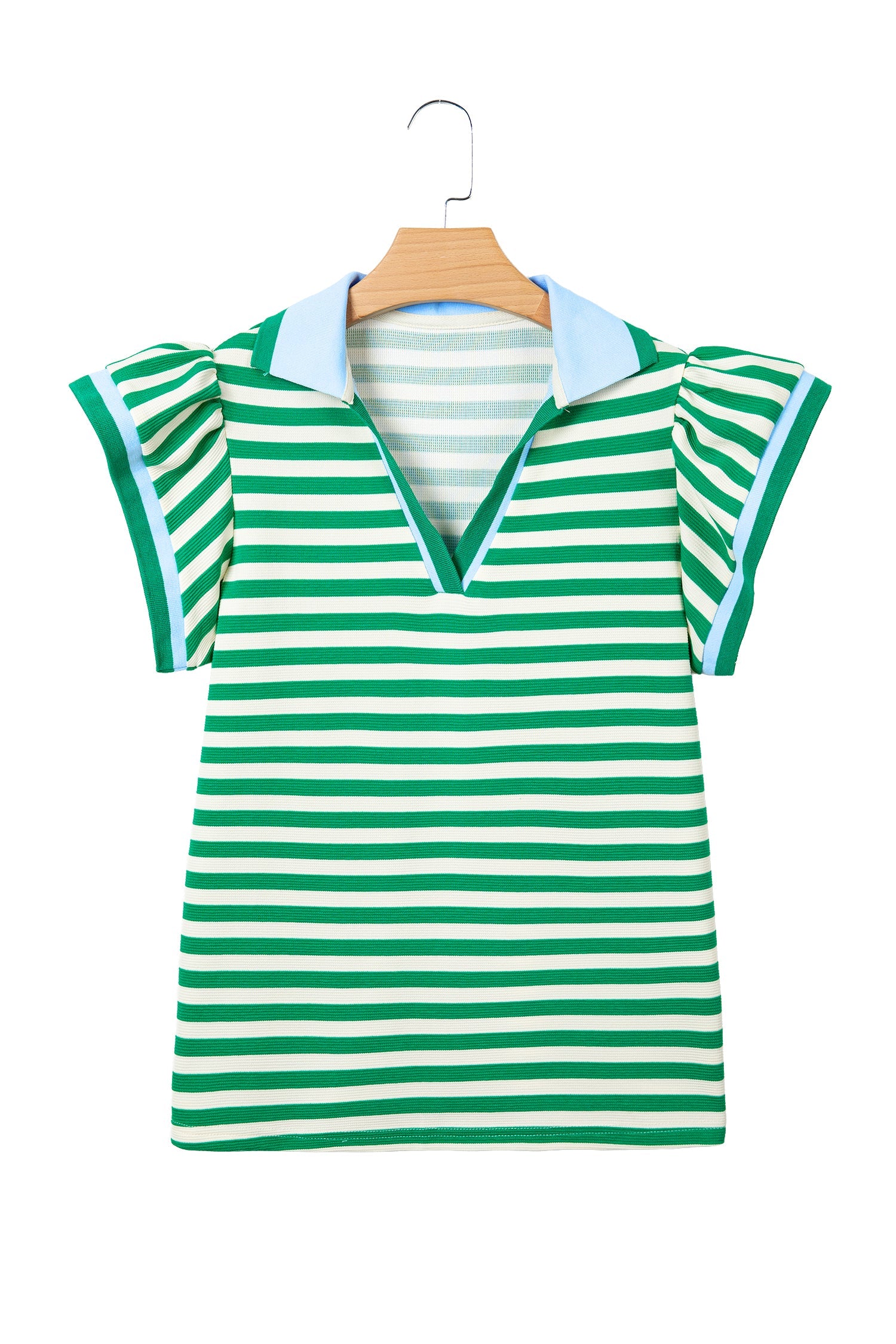 Stripe Contrast Trim Polo Collar Ruffle Sleeve Blouse