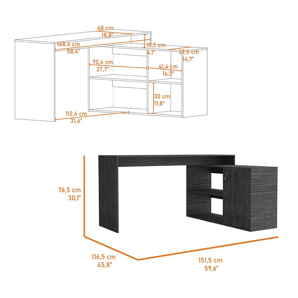 Dallas L-Shaped Home Office Desk, Two Shelves, Single Door Cabinet