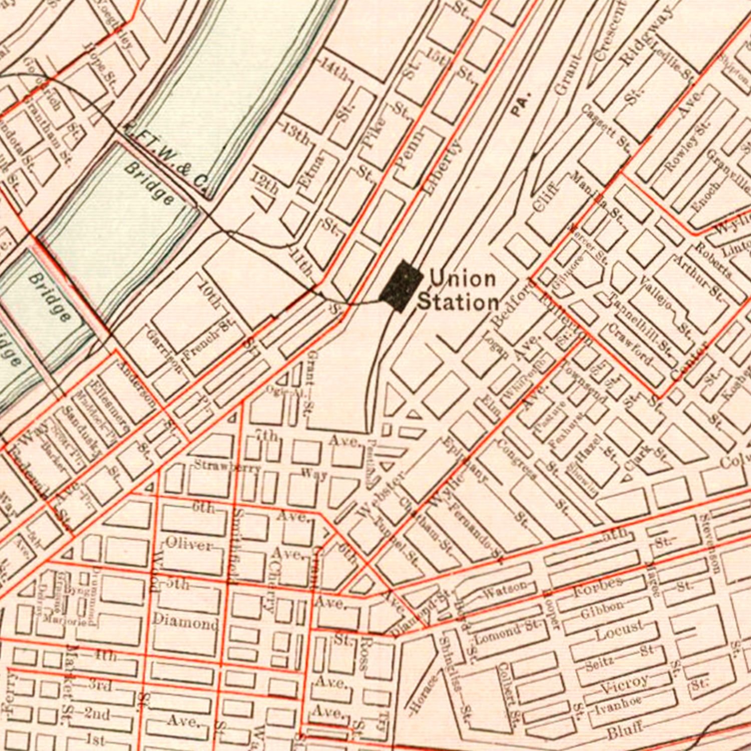 Vintage Map of Pittsburgh, Pennsylvania 1912