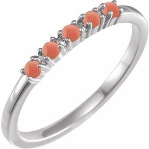 14K White Gold Natural Pink Coral Cabochon Stackable Ring