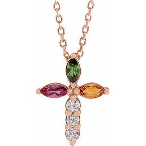 14K Rose Gold Natural Multi-Gemstone & 1/10 CTW Natural Diamond Cross 16-18" Necklace