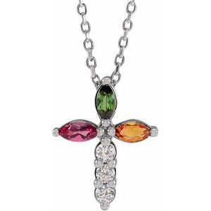 14K White Gold Natural Multi-Gemstone & 1/10 CTW Natural Diamond Cross 16-18" Necklace