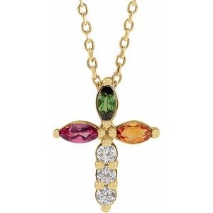14K Yellow Gold Natural Multi-Gemstone & 1/10 CTW Natural Diamond Cross 16-18" Necklace