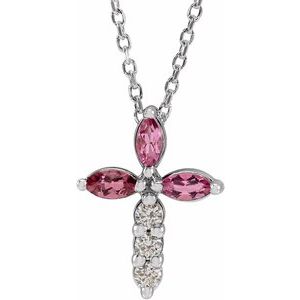 14K White Gold Natural Pink Tourmaline & 1/10 CTW Natural Diamond Cross 16-18" Necklace