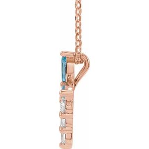 14K Rose Gold Natural Aquamarine & 1/10 CTW Natural Diamond Cross 16-18" Necklace