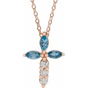 14K Rose Gold Natural Aquamarine & 1/10 CTW Natural Diamond Cross 16-18" Necklace