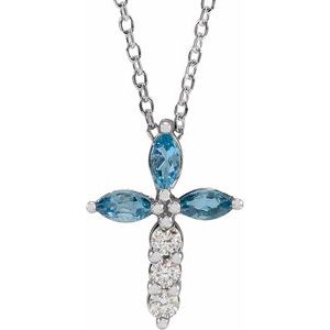 Platinum Natural Aquamarine & 1/10 CTW Natural Diamond Cross 16-18" Necklace