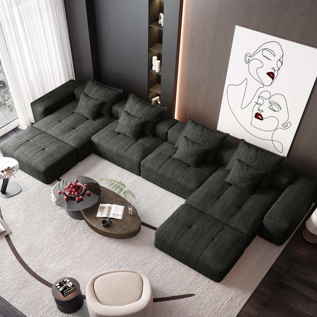 Modern Oversized Modular Sectional Sofa, Sparkling Chenille Fabric Soft Cushion Sofa with 8 Pillows, 8 PCS DIY Combination Tufted Sofa, No Assembly Required, BLACK