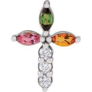 14K White Gold Natural Multi-Gemstone & 1/10 CTW Natural Diamond Cross Pendant