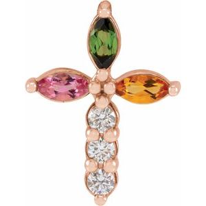 14K Rose Gold Natural Multi-Gemstone & 1/10 CTW Natural Diamond Cross Pendant