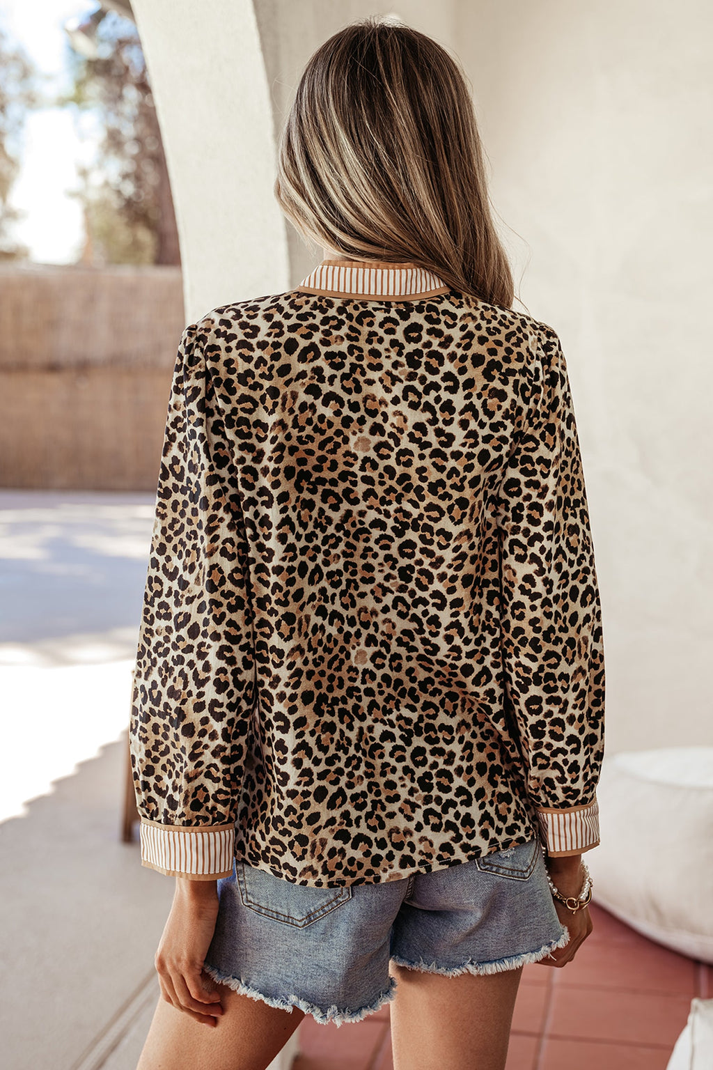 Leopard Contrast Stripe Buttoned V-Neck Shirt