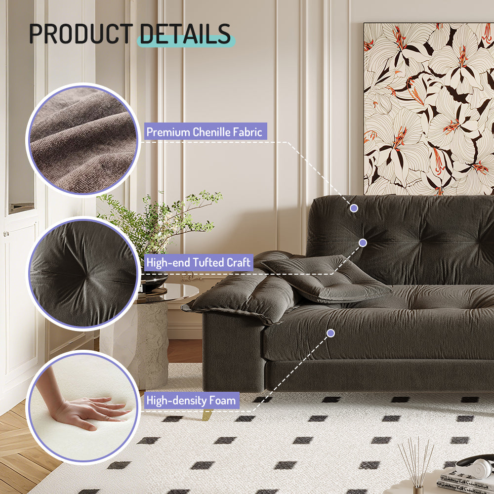 104.7 ' Modern 4-Seat Cloud Sofa with Wide Removable Armrests, Tufted Sofa with Metal Legs,Comfy Chenille Upholstered Couch with 2 Pillows for Living Room,Bedroom,Apartment, Office,Studio,Dark Gery