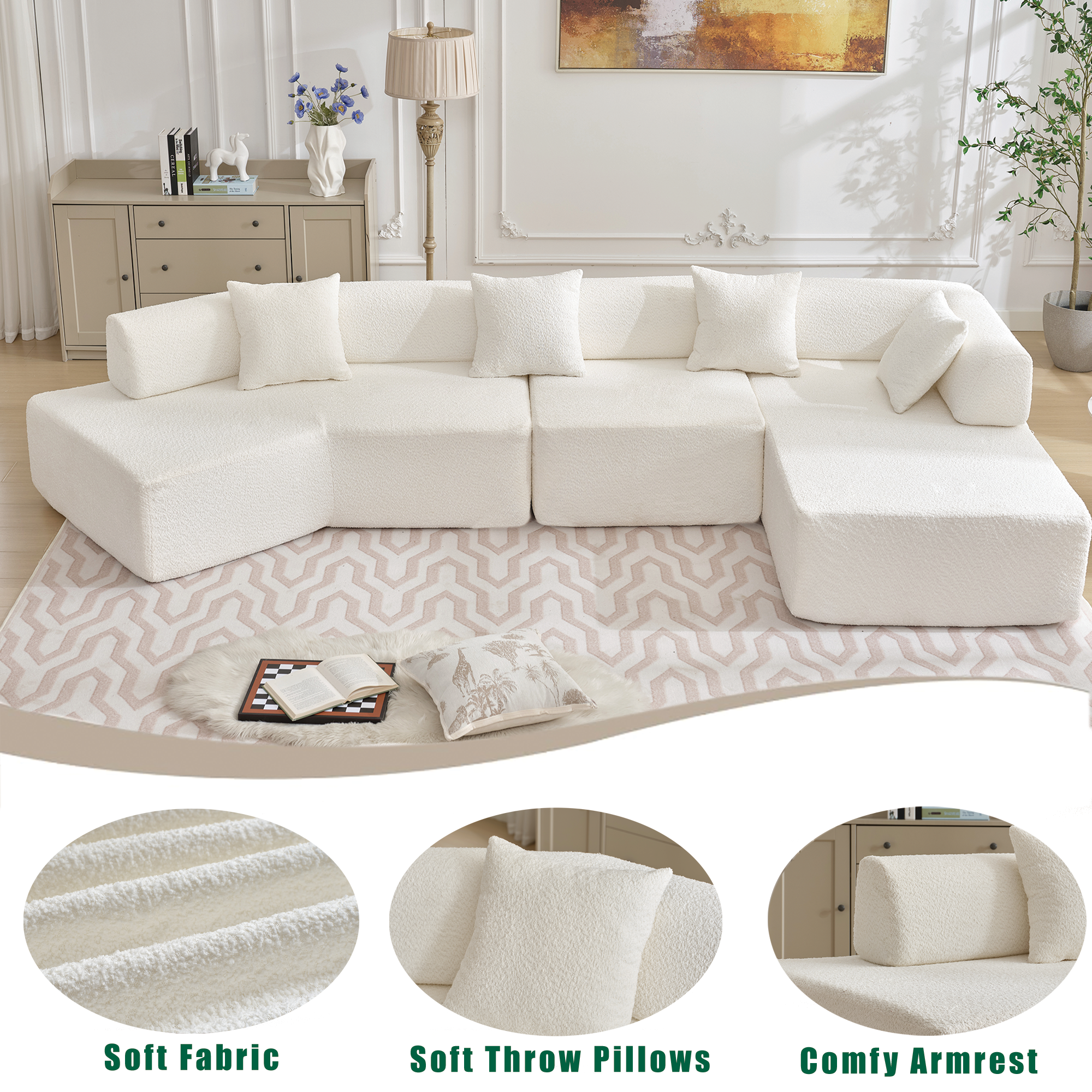 [NEW ARRIVED] [VIDEO PROVIDED]Modern Minimalist 140' L-Shape Couch ,No Assembly Required,Boucle,Modular Sofa ,Couch with Chaise,Free Combination Foam-Filled Sofa, 4 Seats,White