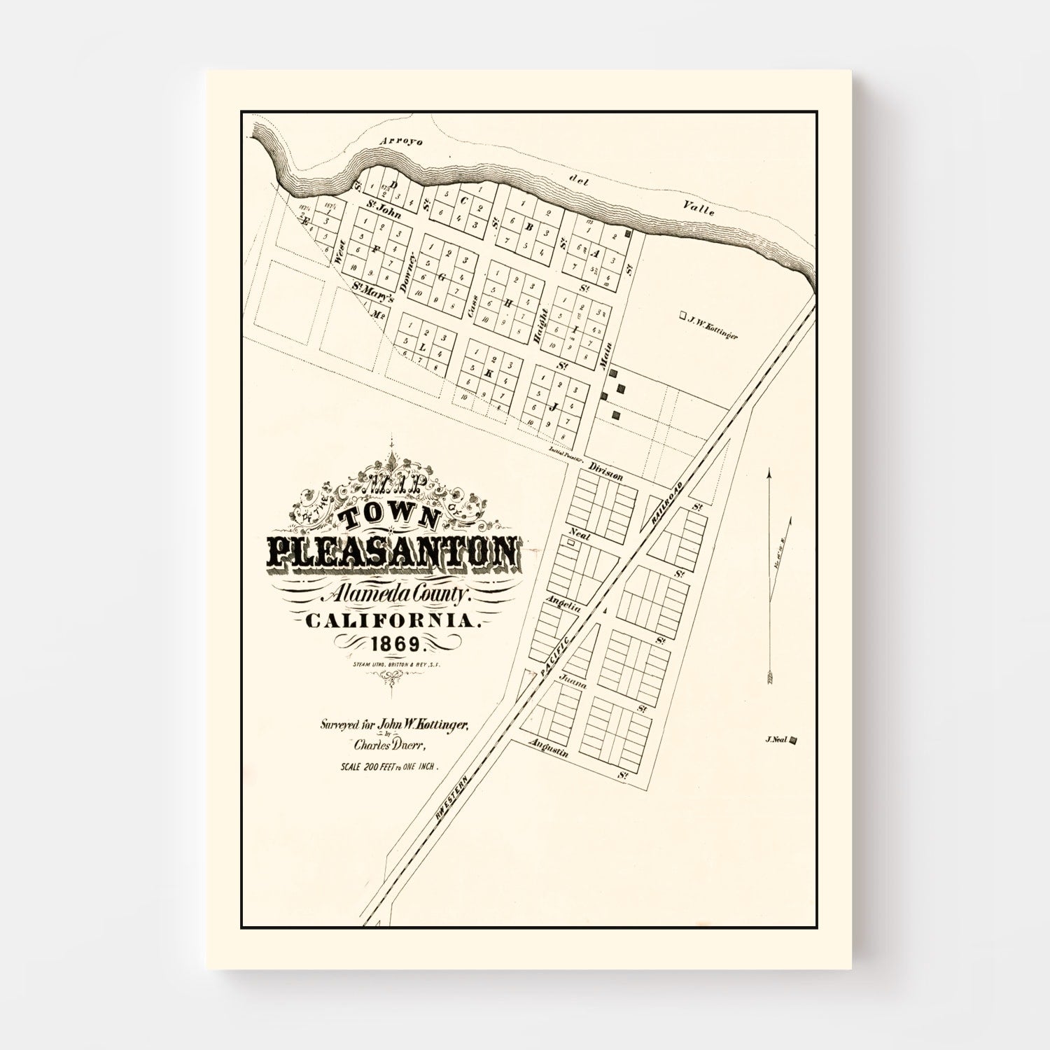 Vintage Map of Pleasanton, California 1869
