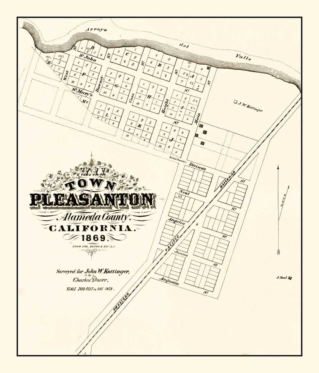 Vintage Map of Pleasanton, California 1869