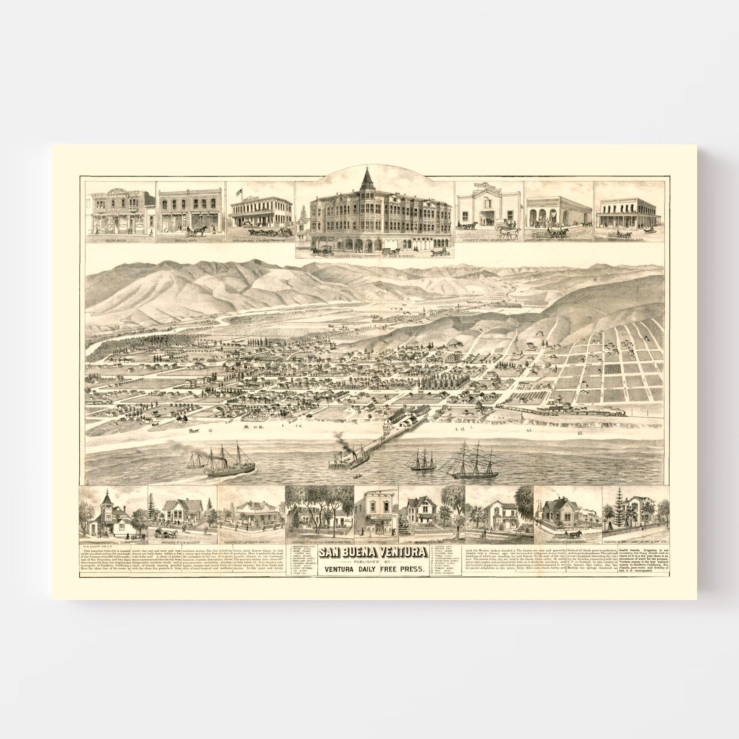 Vintage Map of San Buena Ventura, California 1884