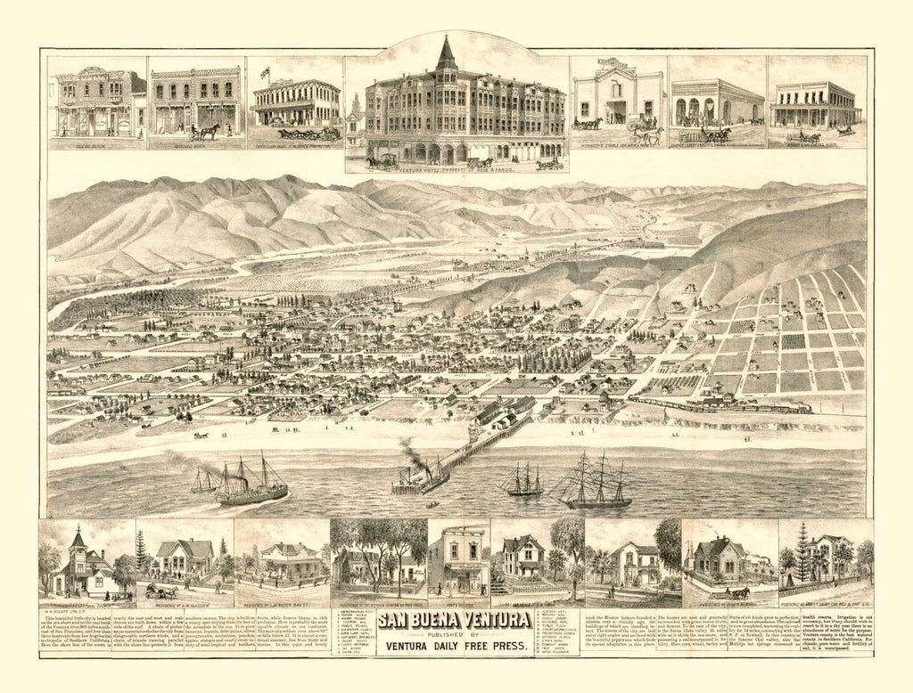 Vintage Map of San Buena Ventura, California 1884