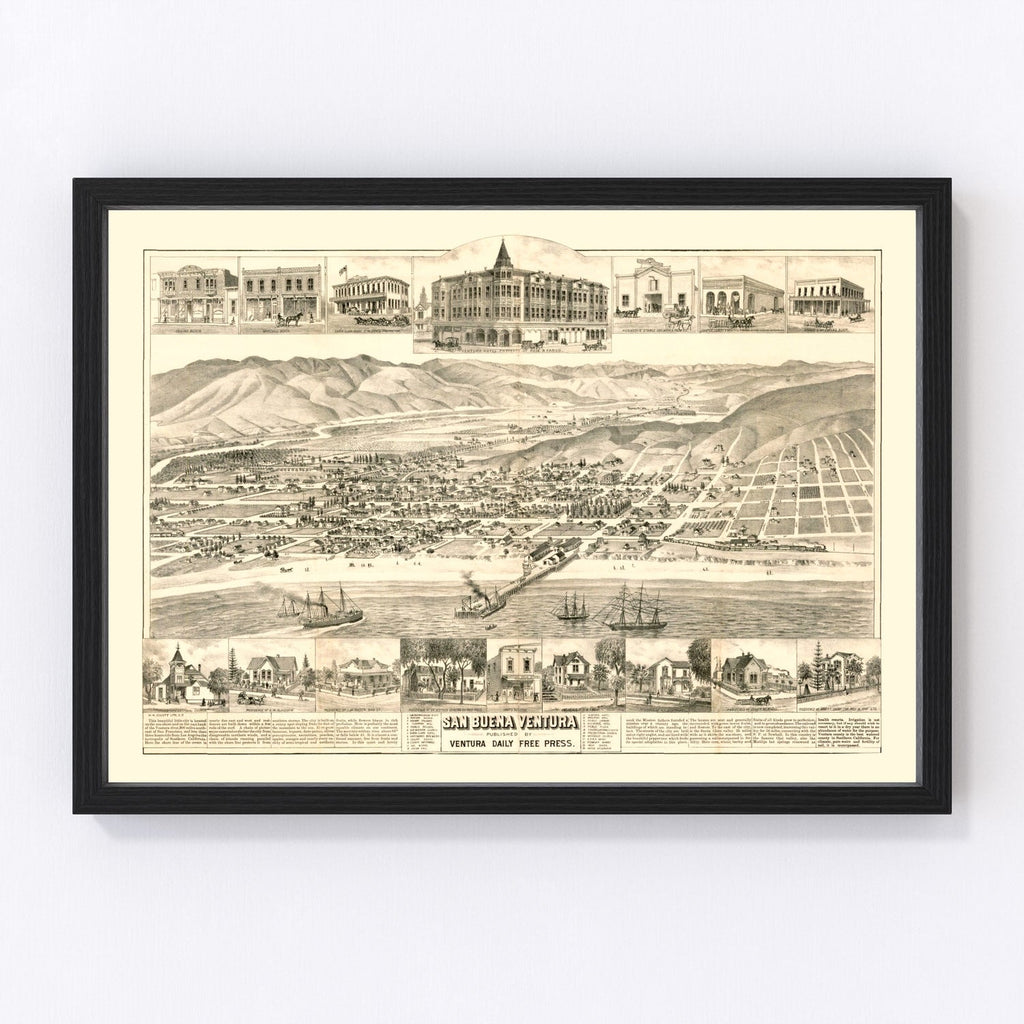 Vintage Map of San Buena Ventura, California 1884