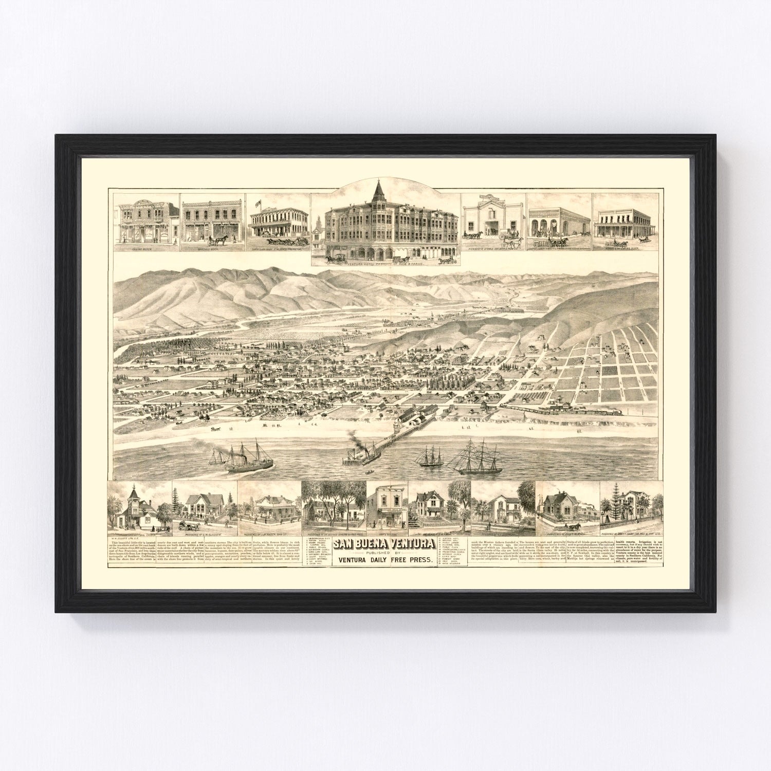 Vintage Map of San Buena Ventura, California 1884