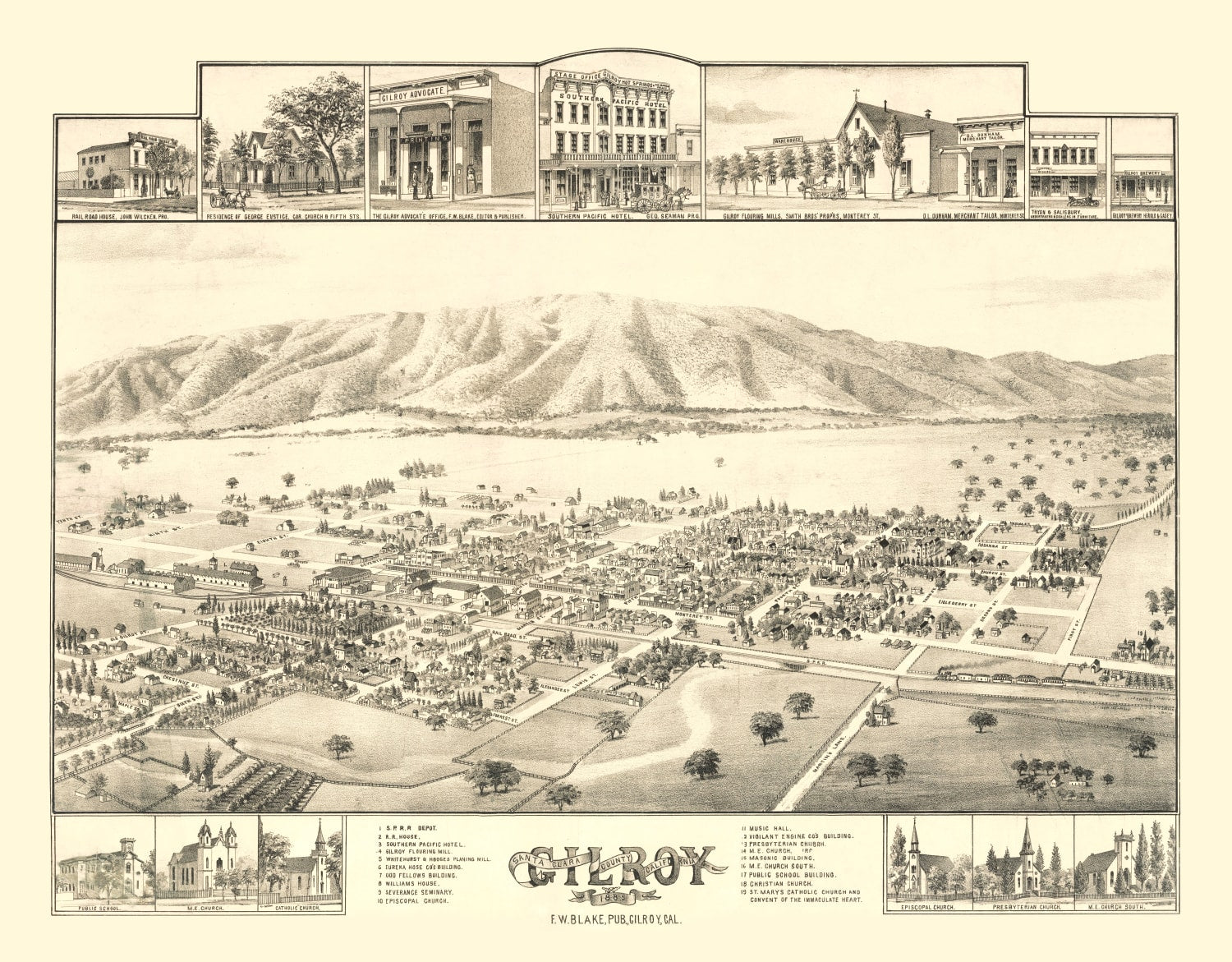 Vintage Map of Gilroy, California 1885