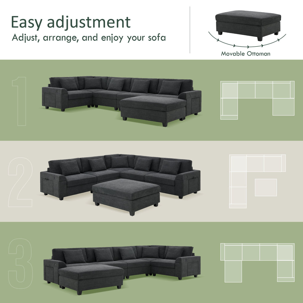 Chenille U Shaped Sectional Sofa with Ottoman and Storage, USB Ports, 2 Colors