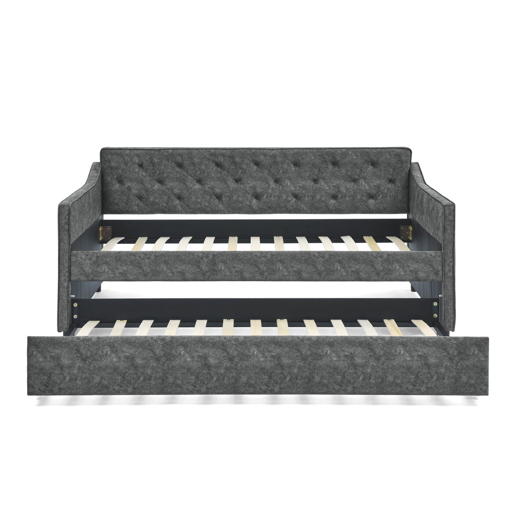 Twin Size Daybed with Twin Size Trundle Upholstered Tufted Sofa Bed,  Waved Shape Arms, Grey (80.5'x44.5'x33.5')