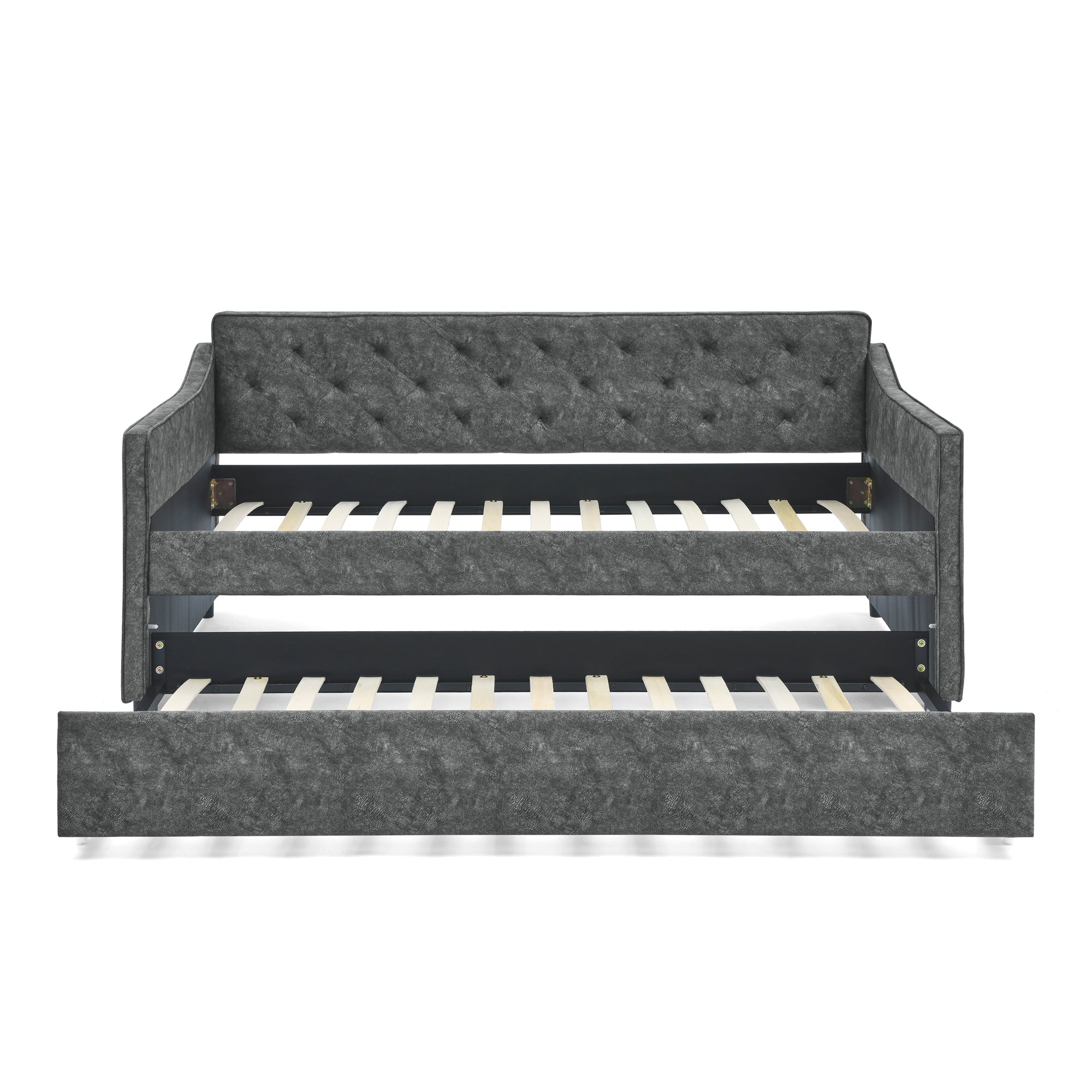 Twin Size Daybed with Twin Size Trundle Upholstered Tufted Sofa Bed,  Waved Shape Arms, Grey (80.5'x44.5'x33.5')