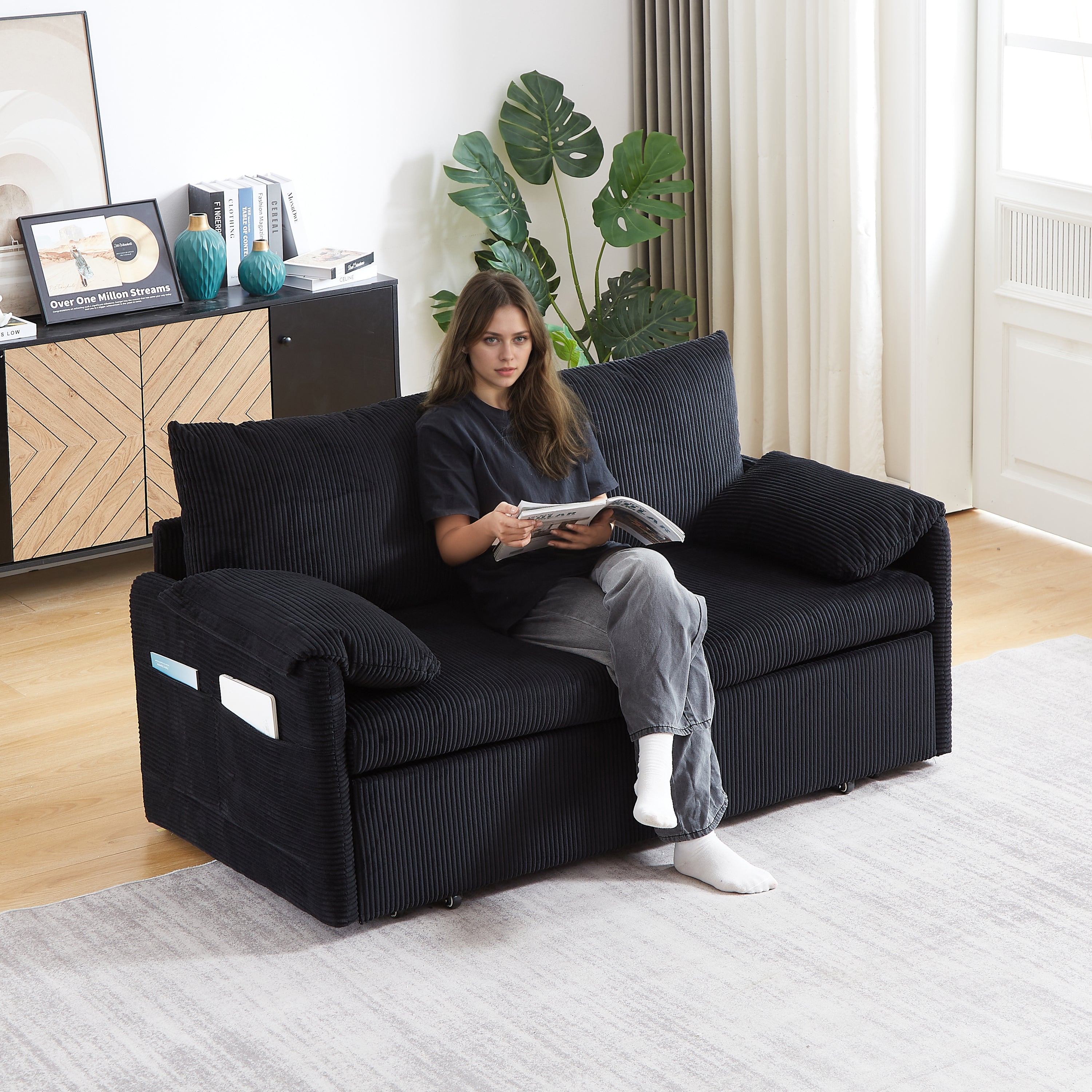 MH'' 64.5 Inch Sleeper Sofa Bed  3-in-1 Adjustable Sleeper with Pullout Bed   2 Pillows and Side Pockets  Soft Corduroy Convertible Sleeper Sofa Bed for Living Room Bedroom Apartment Office