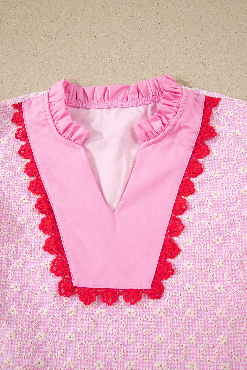 Flower Eyelet Embroidered Lace Flutter Sleeve Blouse