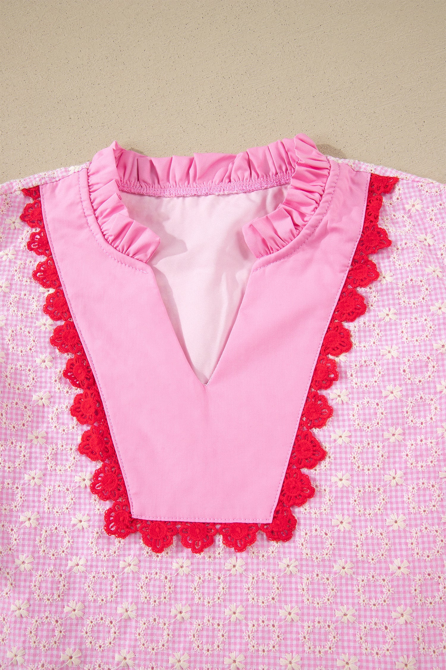 Flower Eyelet Embroidered Lace Flutter Sleeve Blouse