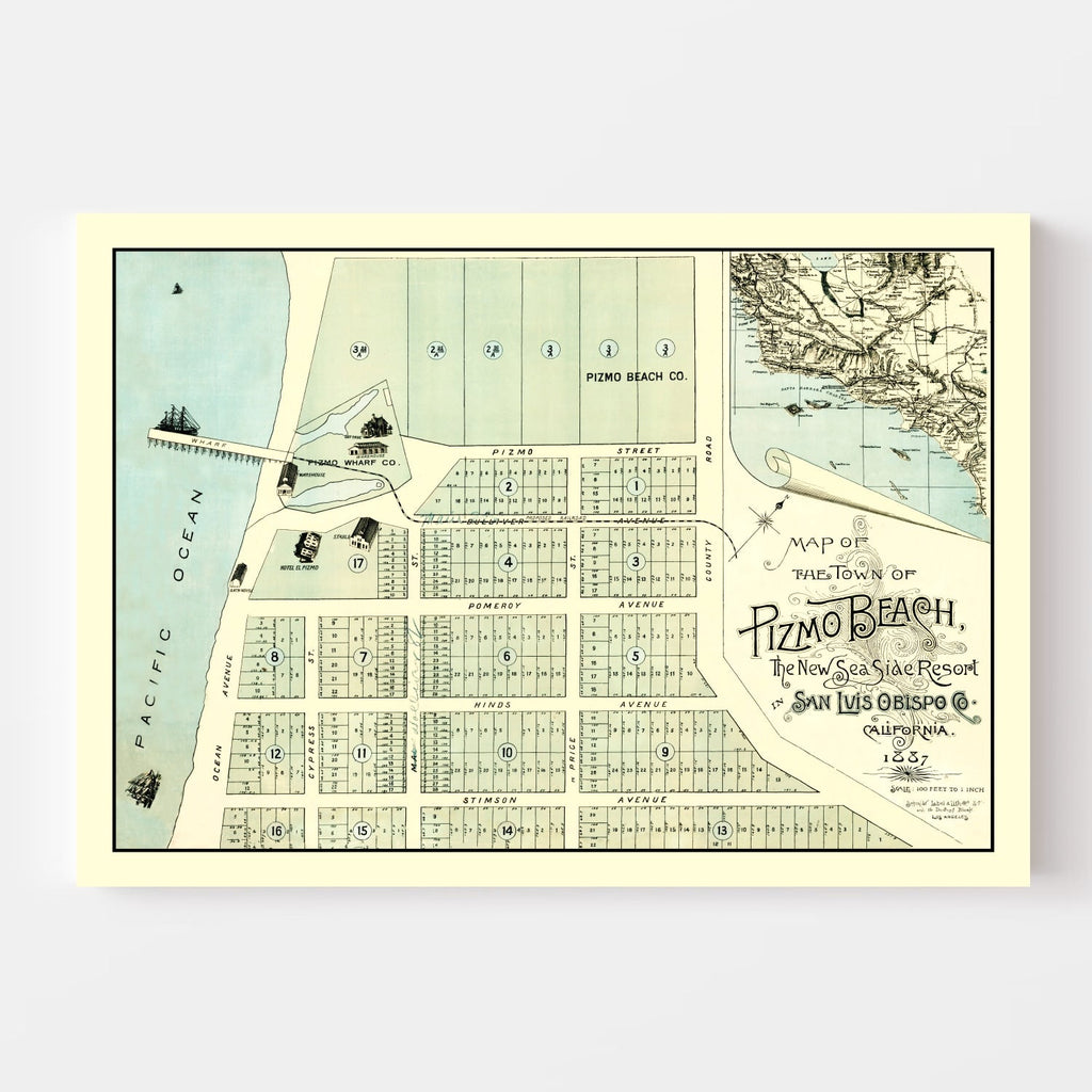 Vintage Map of Pizmo Beach, California 1887