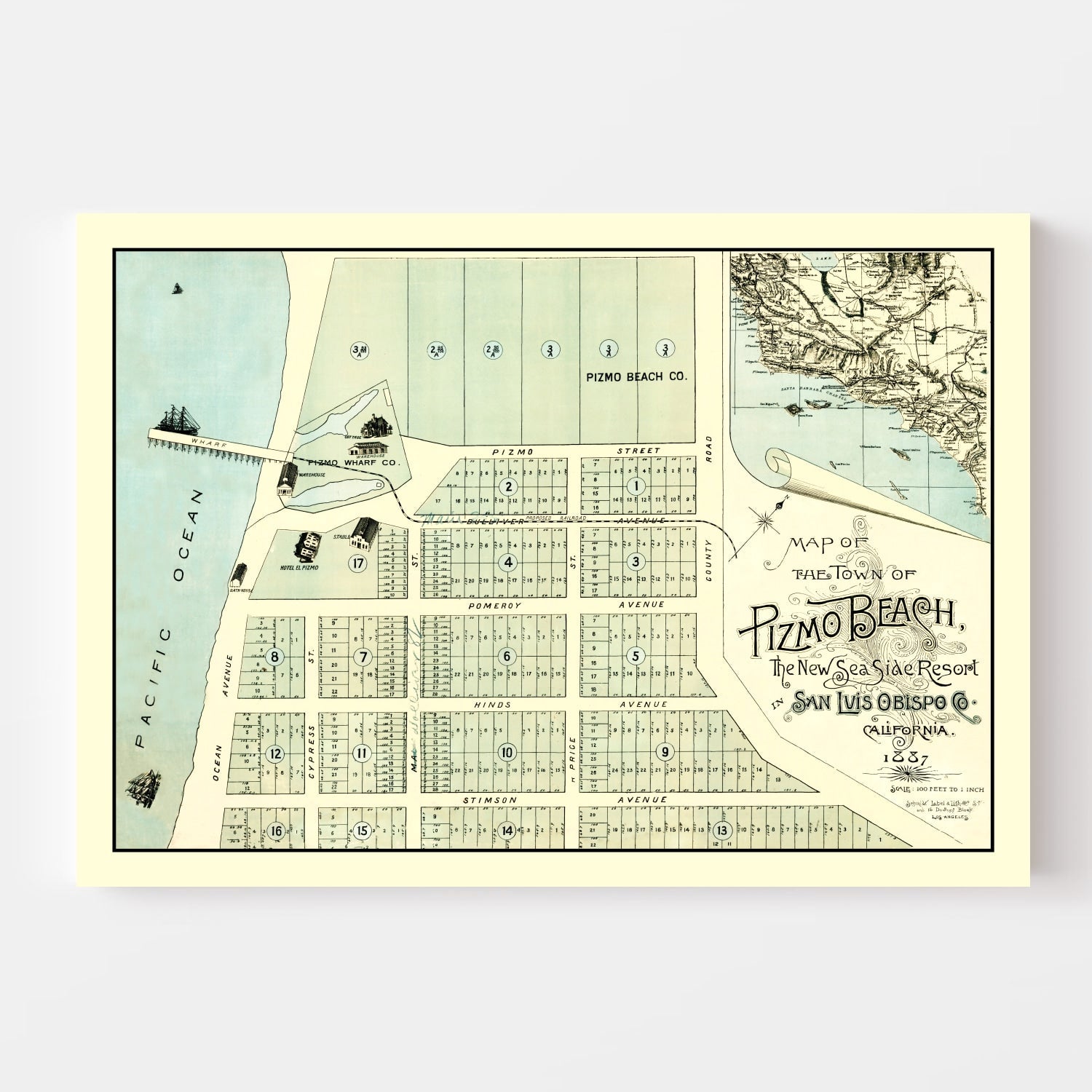 Vintage Map of Pizmo Beach, California 1887