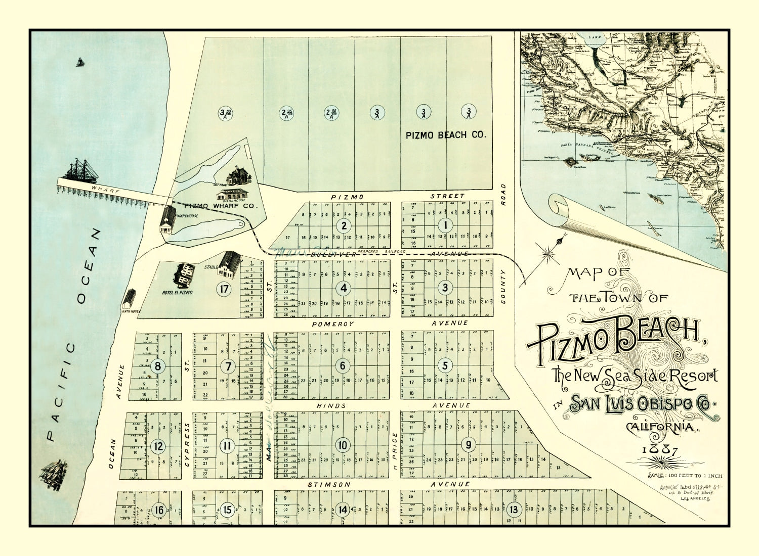 Vintage Map of Pizmo Beach, California 1887