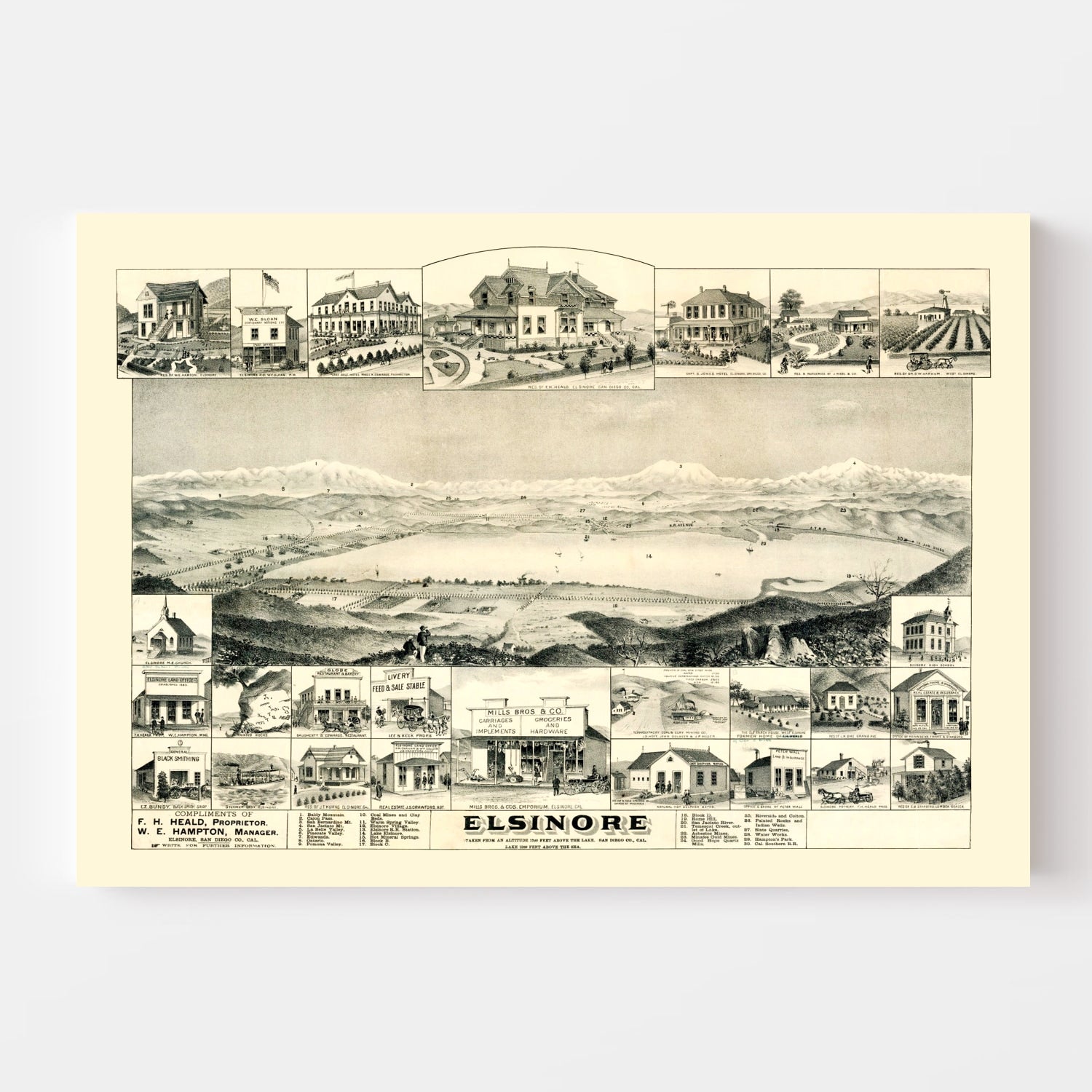 Vintage Map of Elsinore, California 1887