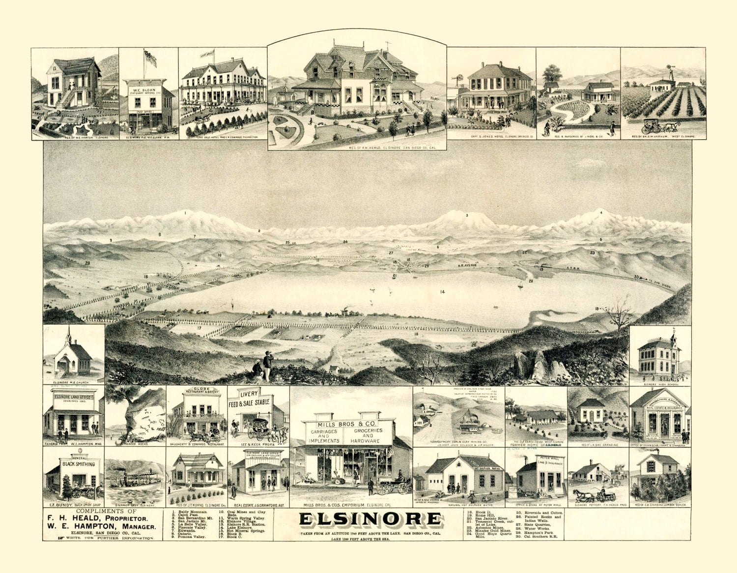 Vintage Map of Elsinore, California 1887