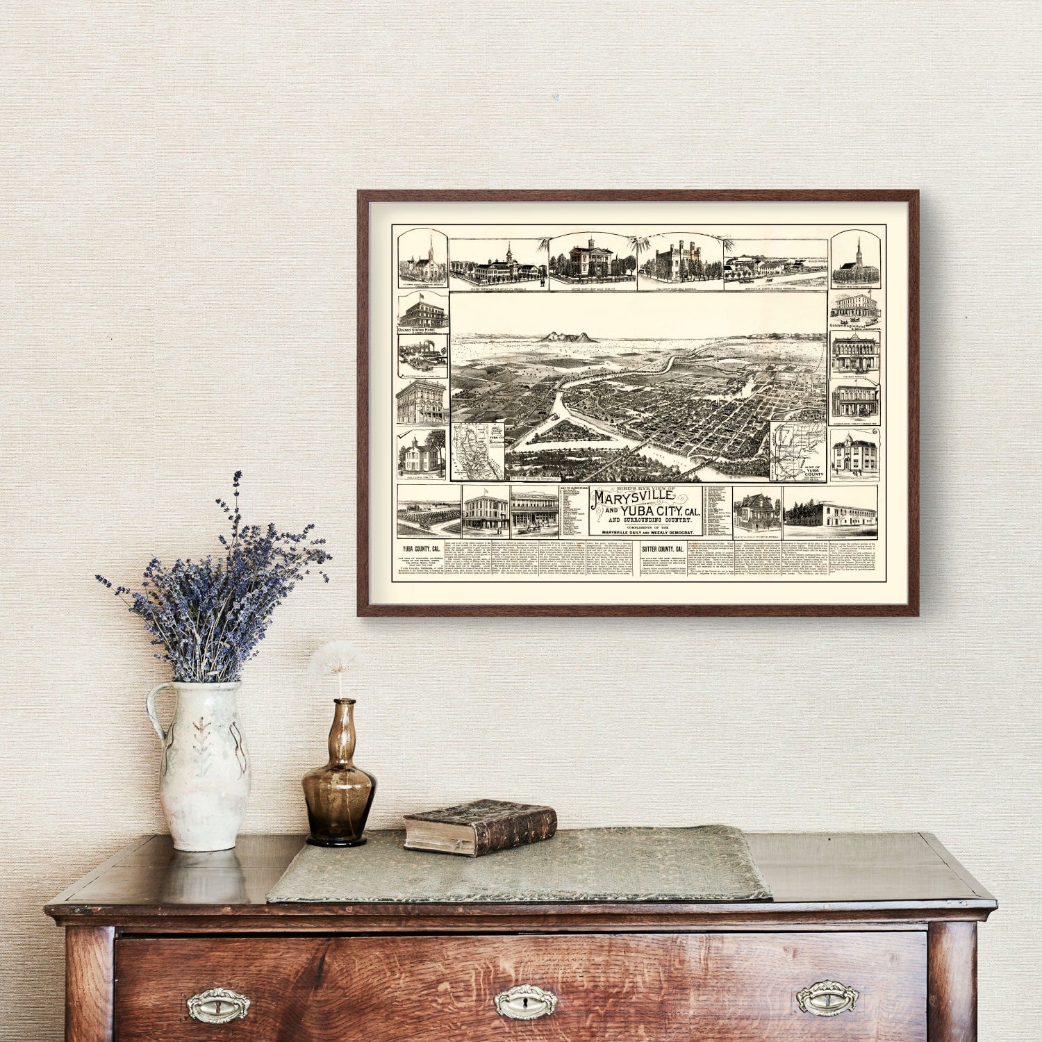 Vintage Map of Marysville & Yuba City, California 1888