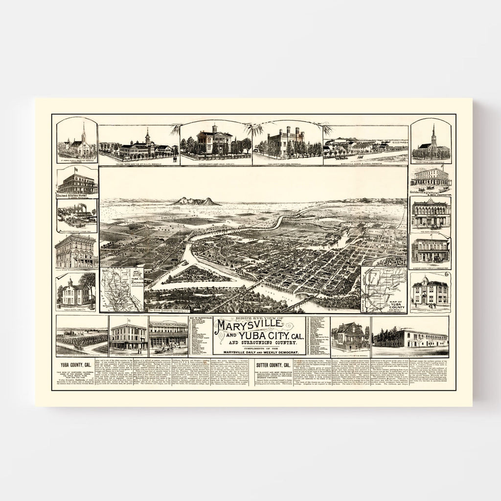 Vintage Map of Marysville & Yuba City, California 1888
