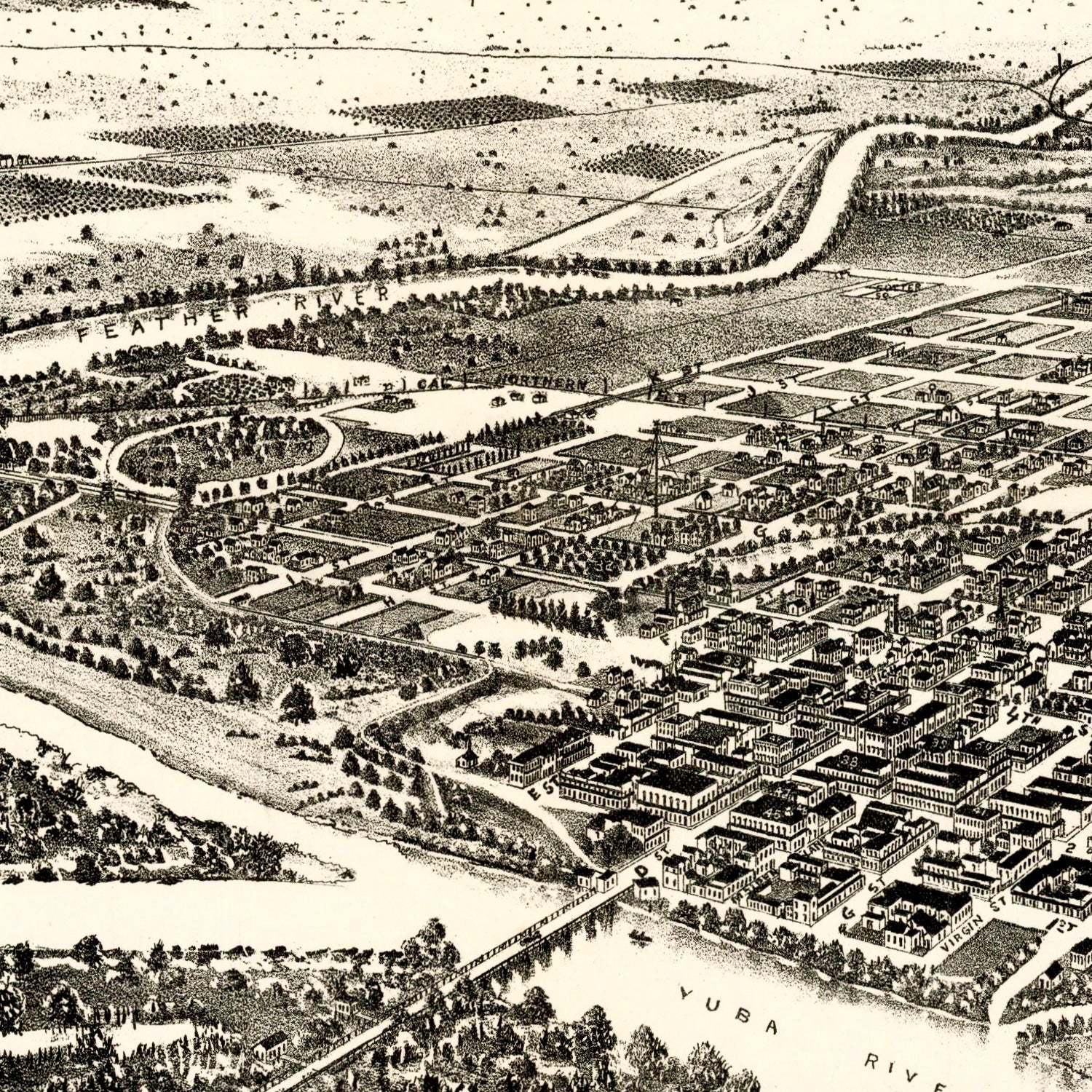 Vintage Map of Marysville & Yuba City, California 1888