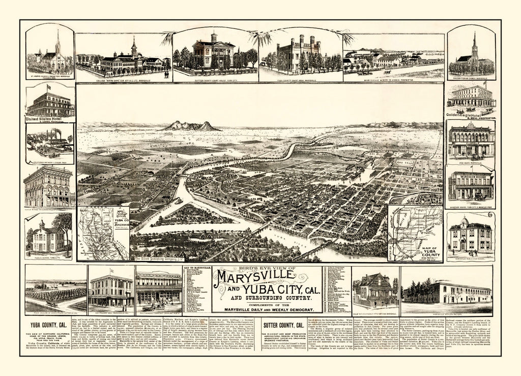 Vintage Map of Marysville & Yuba City, California 1888