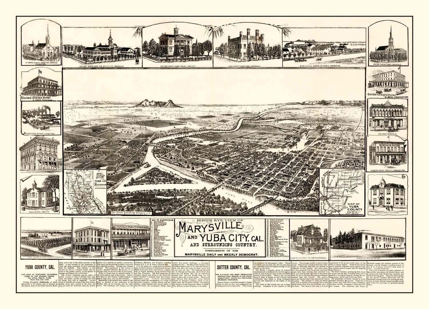 Vintage Map of Marysville & Yuba City, California 1888